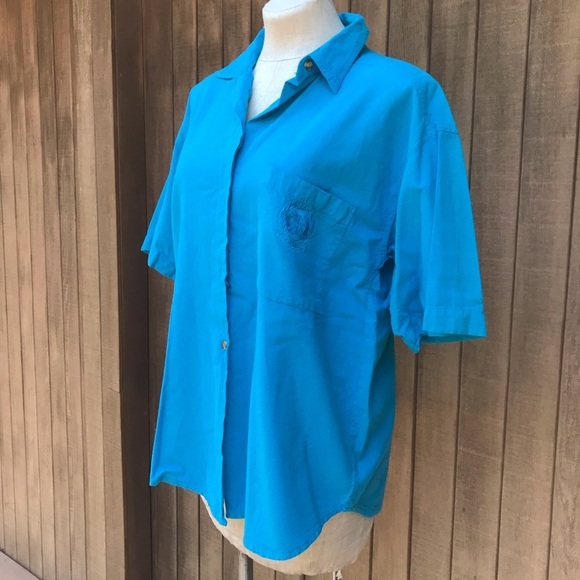 Vintage 80s Teal Blue Short Sleeve Oversized Shirt Small Boxy Top - Picture 4 of 8